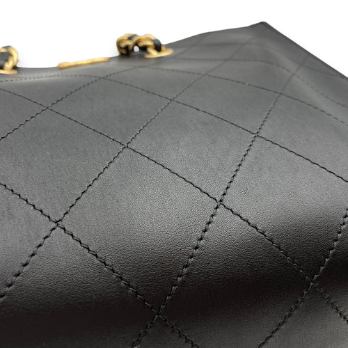 Season Quilted Black Tote Bag in Calfskin, Gold hardware