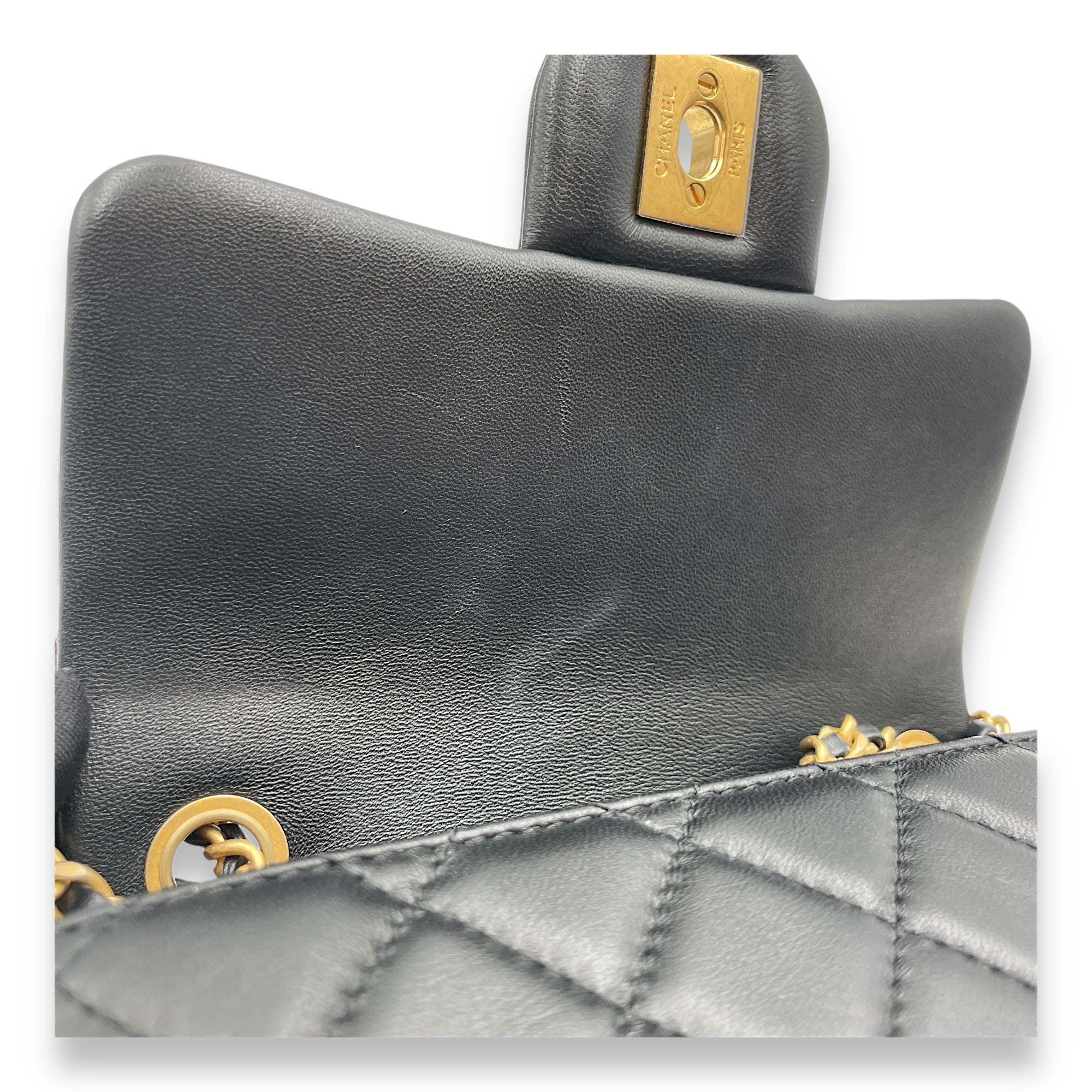 Pearl Crush Mini Square Mini Black Crossbody Bag in Lambskin, Gold hardware