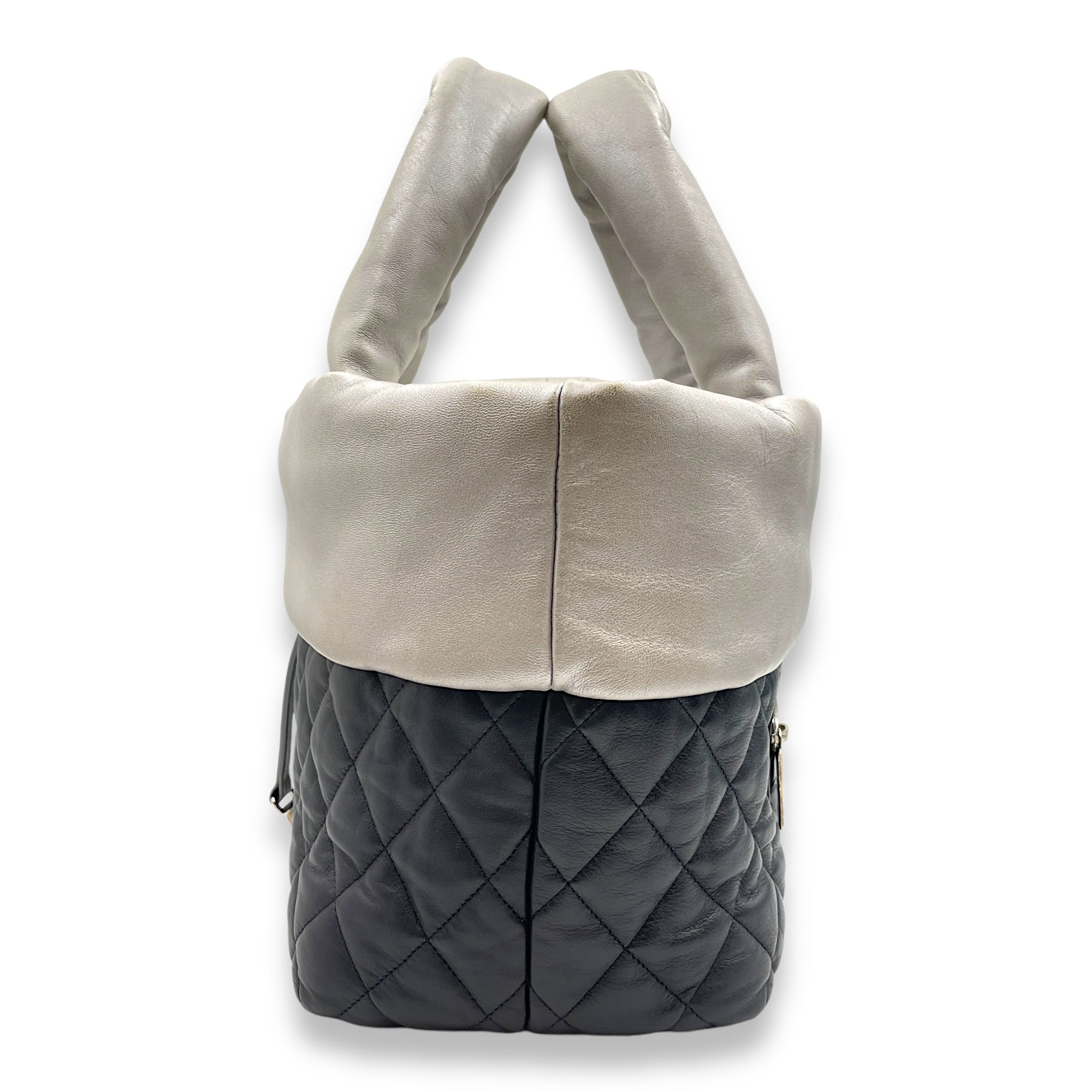 Reversible Quilted Coco Cocoon Grey/Navy Blue Top Handle Bag in Calfskin, Palladium hardware