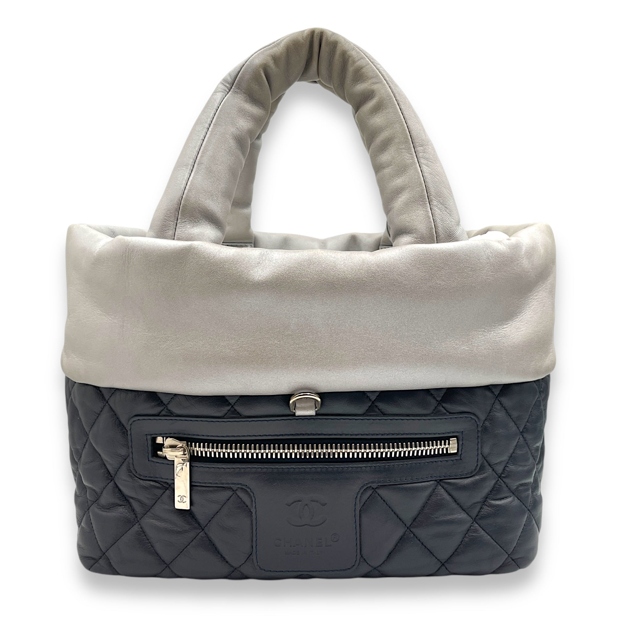 Reversible Quilted Coco Cocoon Grey/Navy Blue Top Handle Bag in Calfskin, Palladium hardware