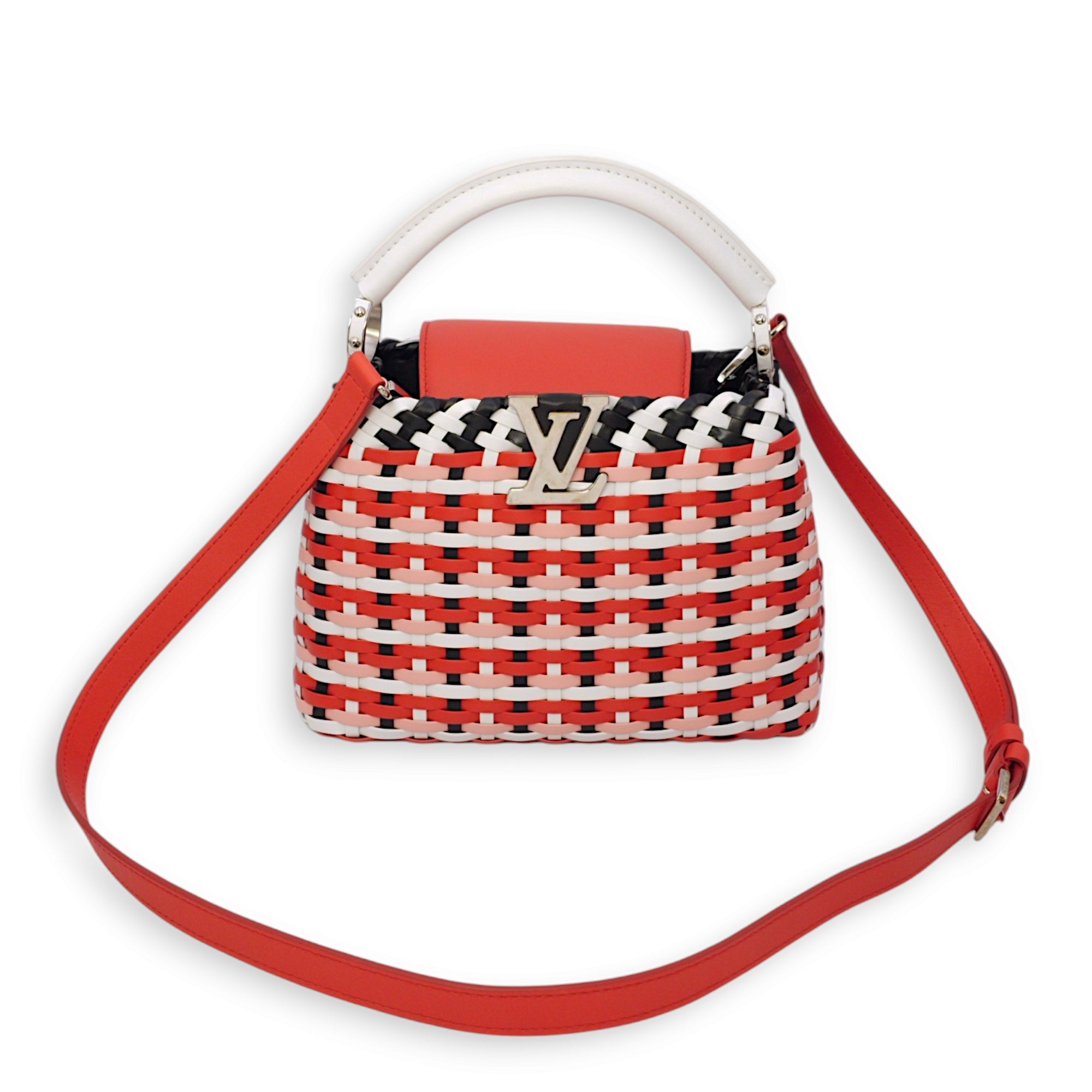 Capucines BB Red/White/Pink/Black Top Handle Bag in Braided Calf, Palladium hardware