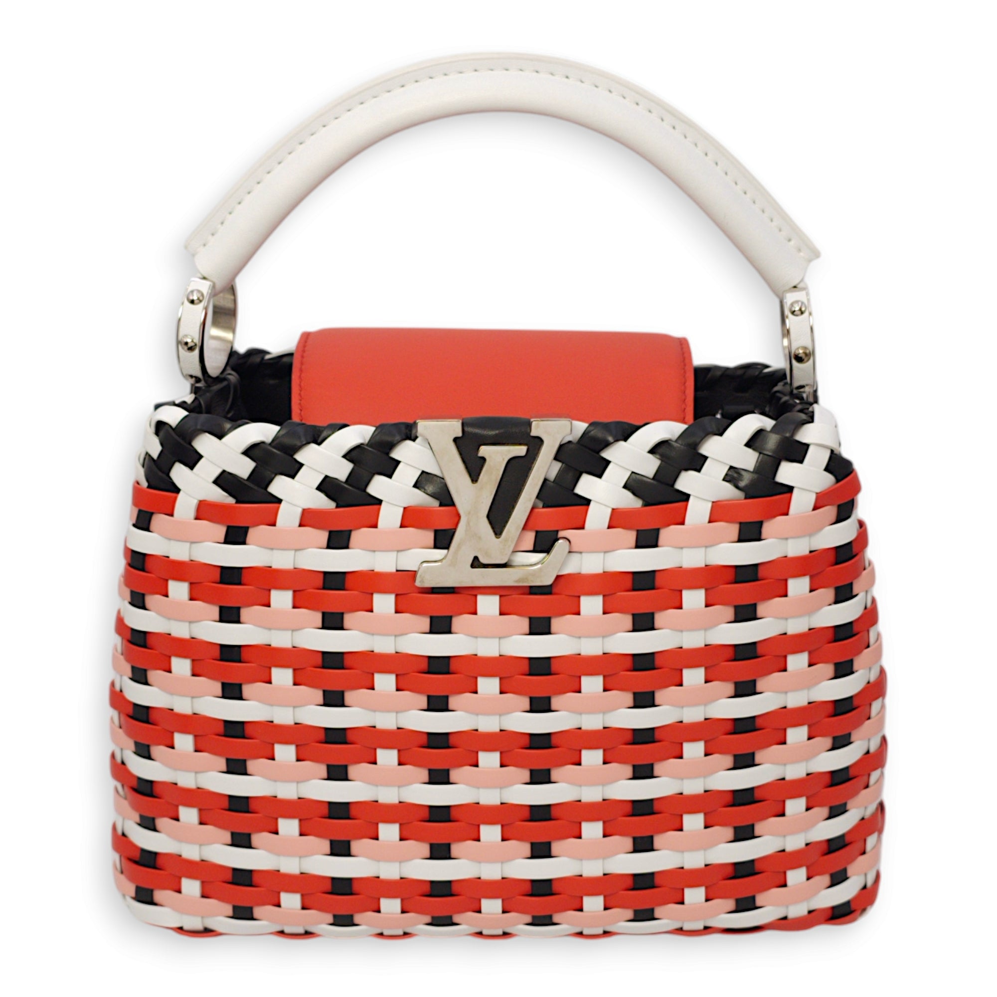 Capucines BB Red/White/Pink/Black Top Handle Bag in Braided Calf, Palladium hardware