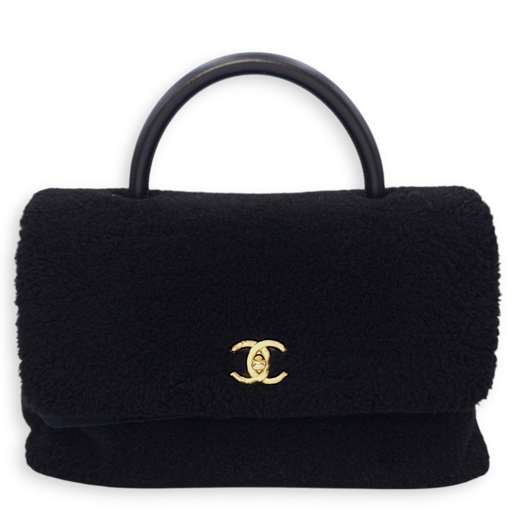 Coco Large Black Top Handle Bag in Shearling/lambskin, Gold hardware