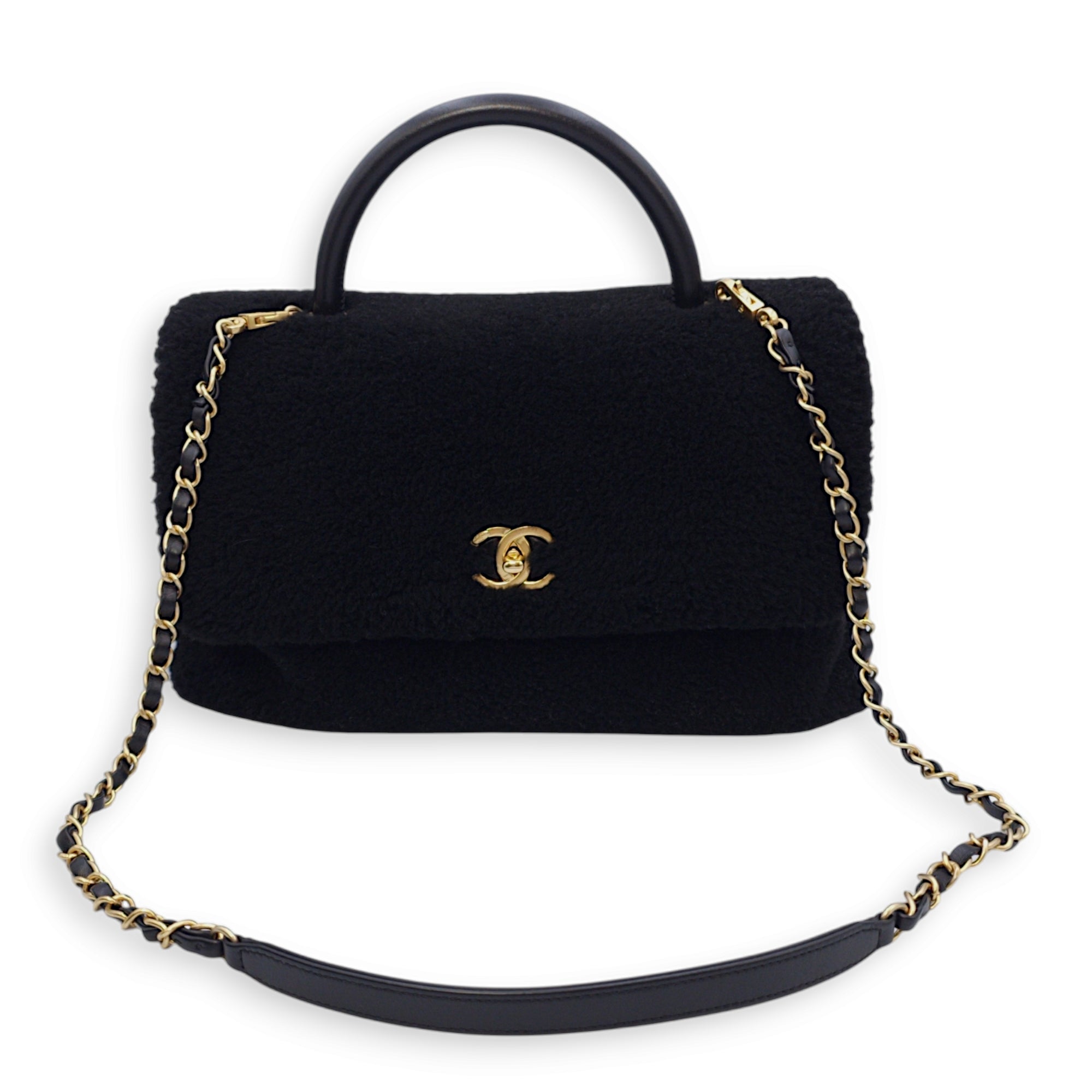 Coco Large Black Top Handle Bag in Shearling/lambskin, Gold hardware