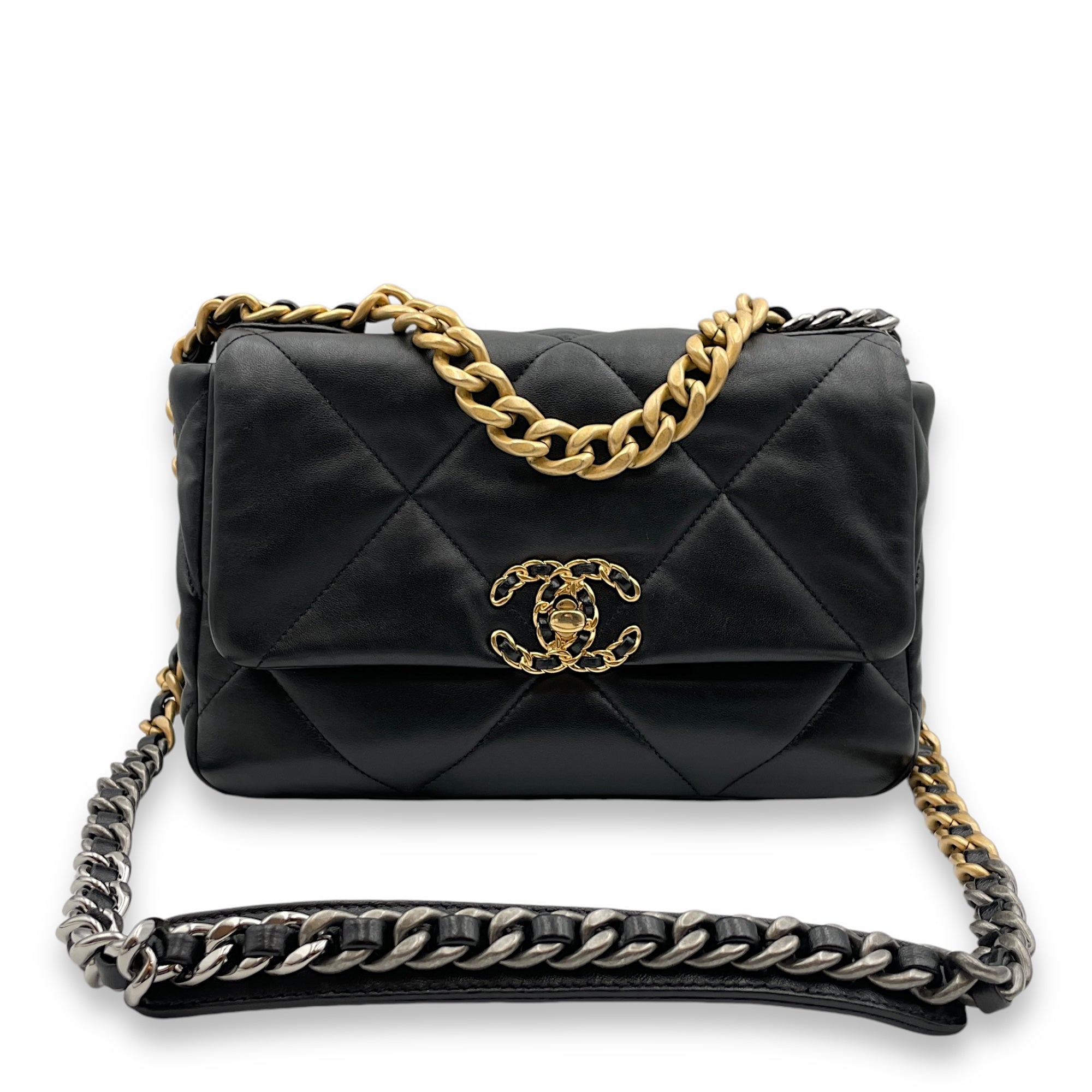 C19 Flap Small Black Crossbody Bag in Lambskin, 3-Tone hardware