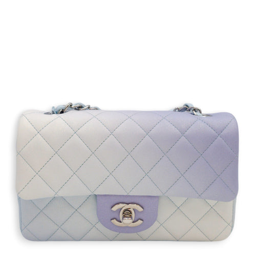 Classic Mini Rectangle Mini Pastel Purple,Blue, White Crossbody Bag in Shimmery Lambskin, Silver hardware