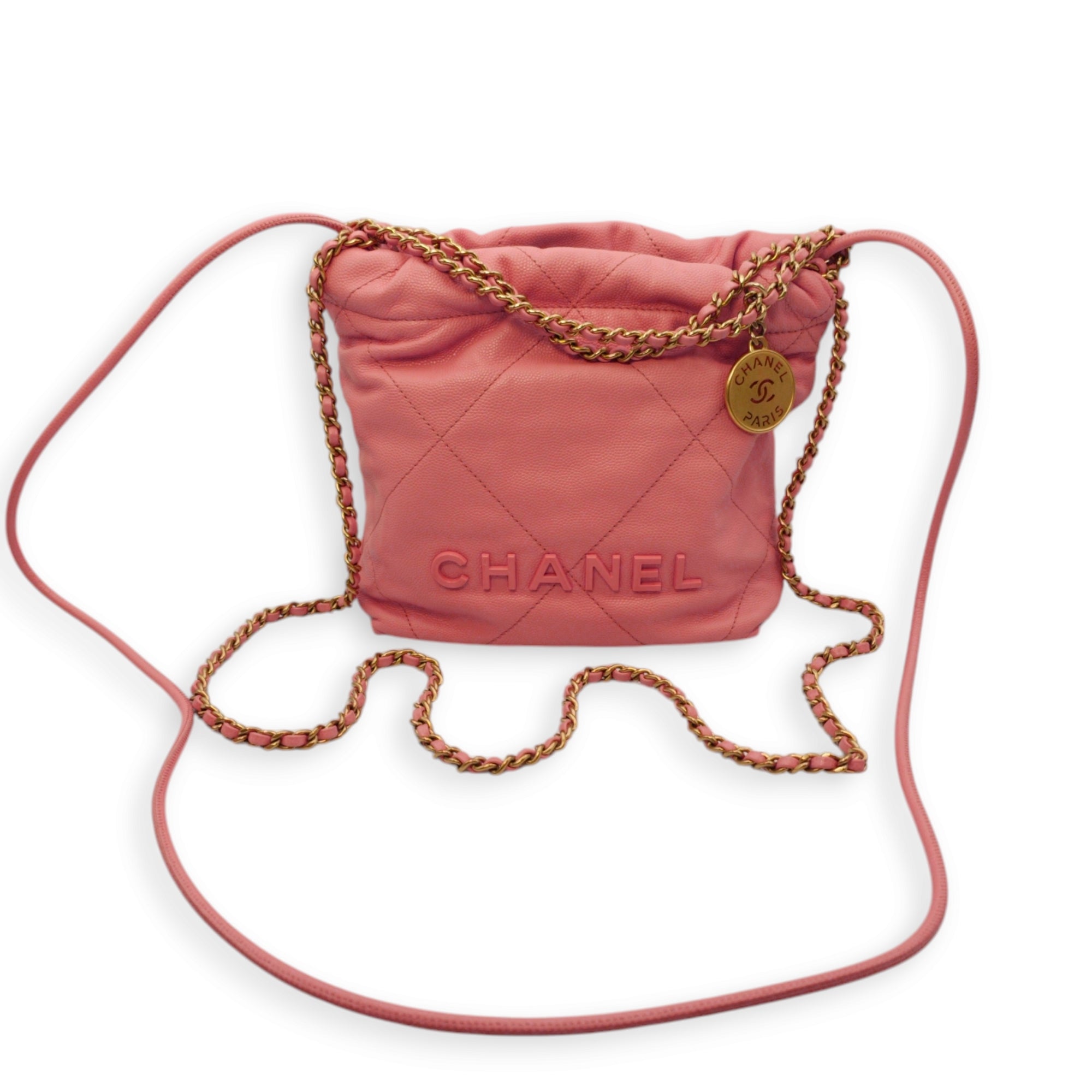 22 Mini Tote Mini Pink Crossbody Bag in Caviar Leather, Gold hardware