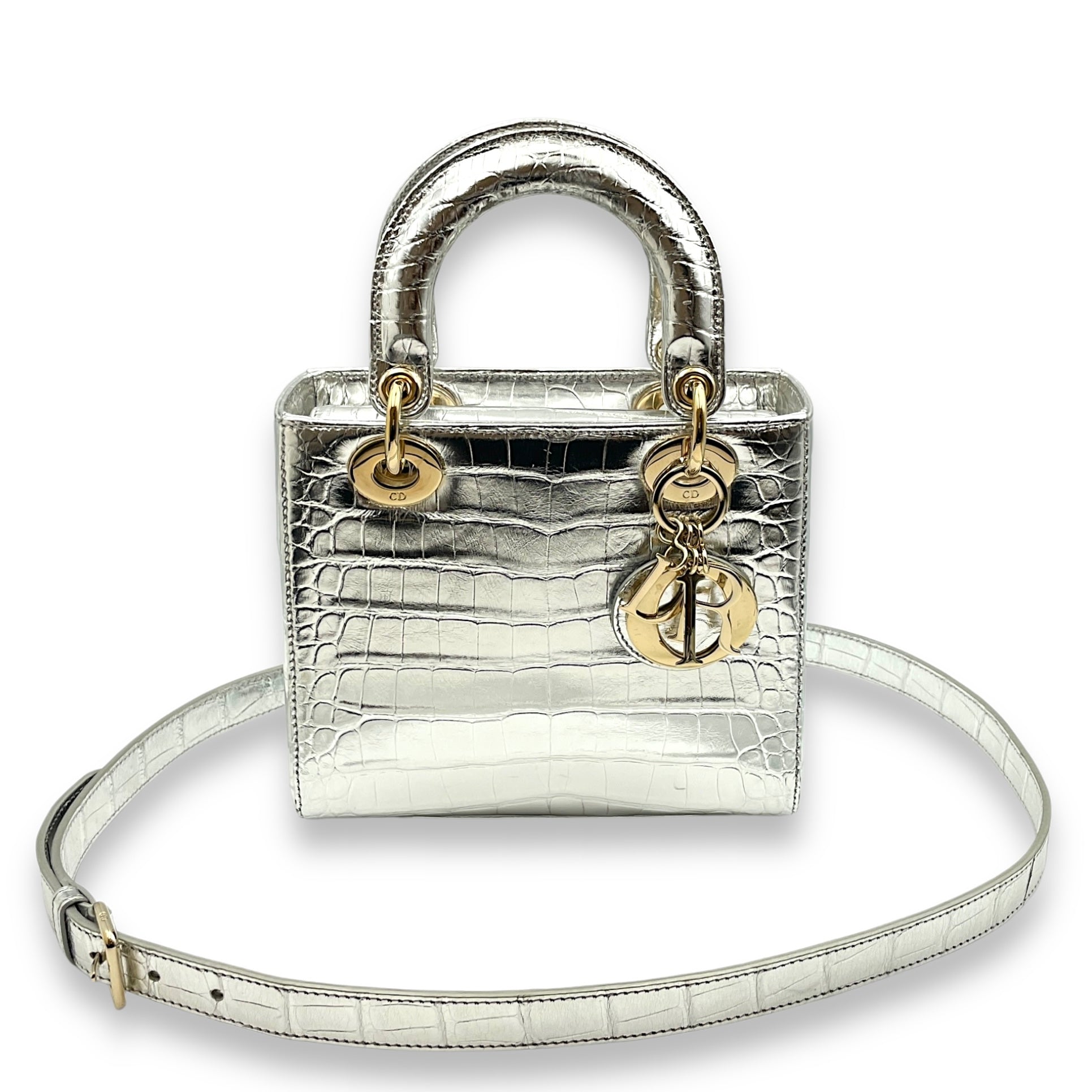 Lady Dior Small Silver Top Handle Bag in Crocodile Leather, Gold hardware