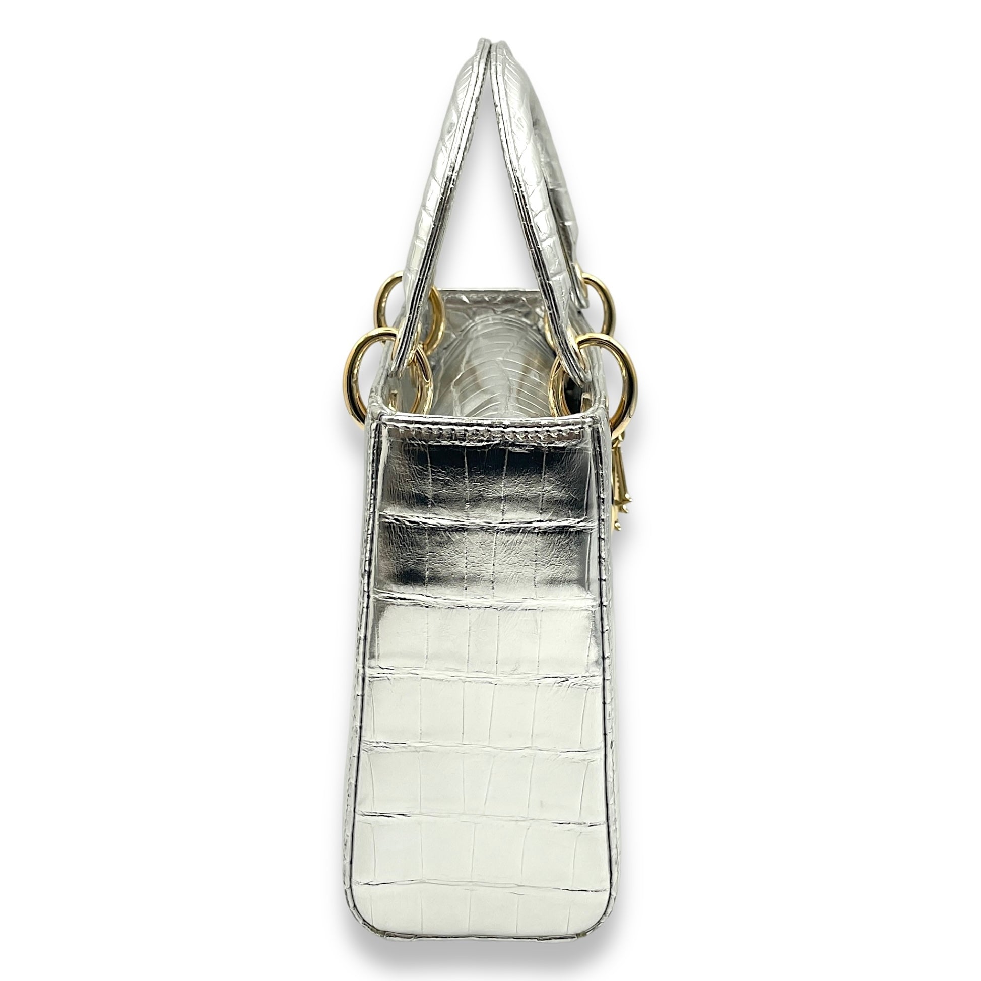 Lady Dior Small Silver Top Handle Bag in Crocodile Leather, Gold hardware