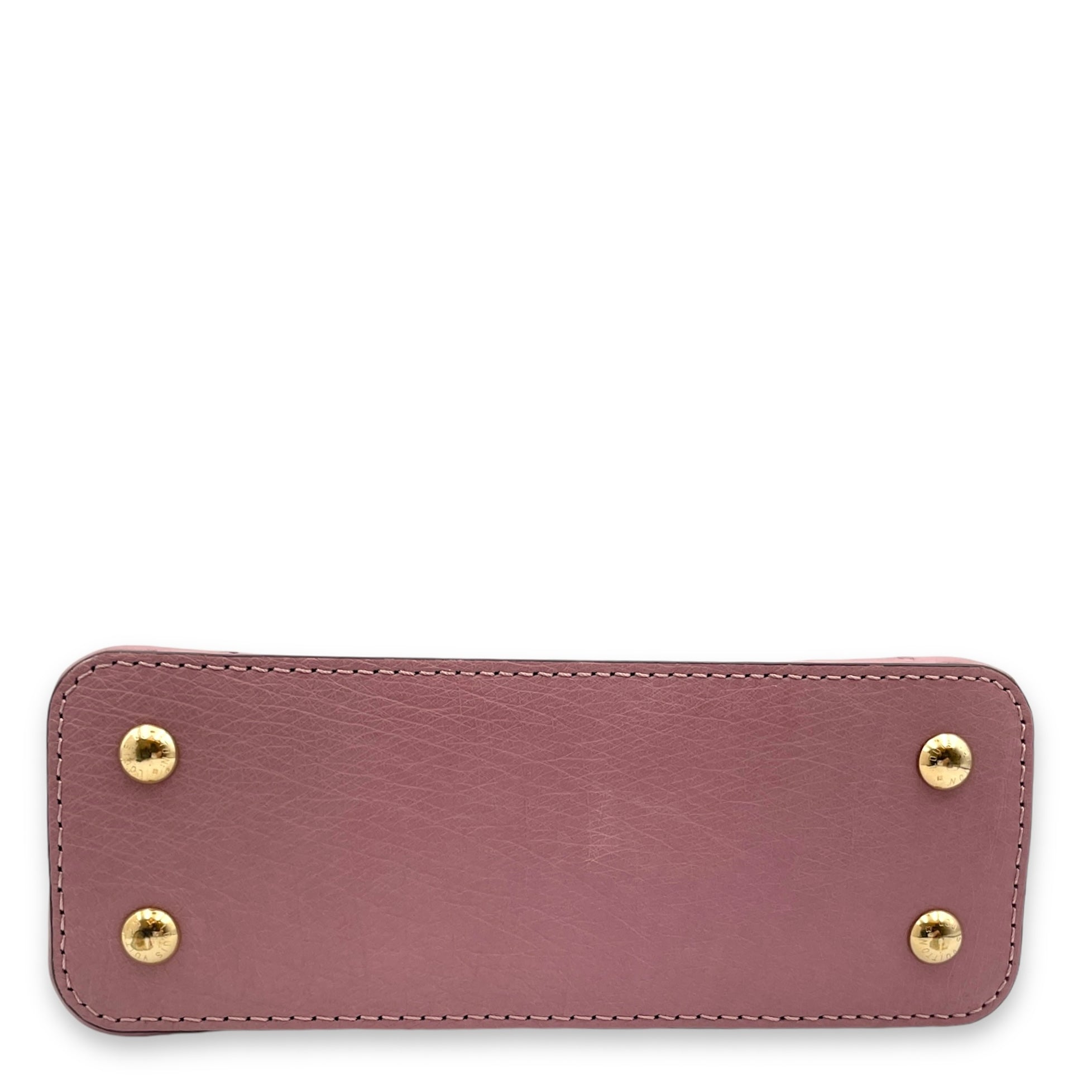 Capucines Mini Mauve Top Handle Bag in Ostrich, Gold hardware