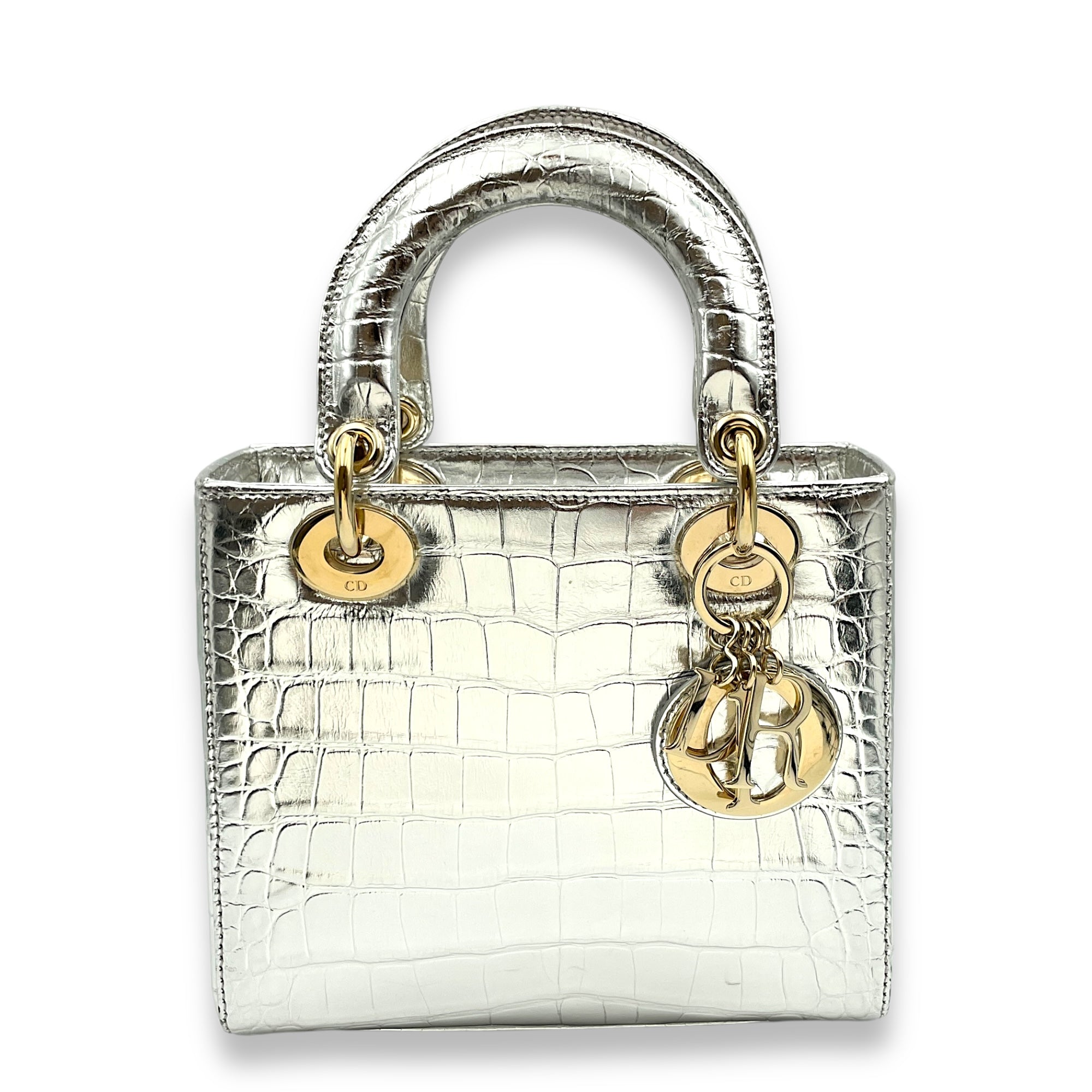 Lady Dior Small Silver Top Handle Bag in Crocodile Leather, Gold hardware