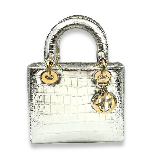 Lady Dior Small Silver Top Handle Bag in Crocodile Leather, Gold hardware