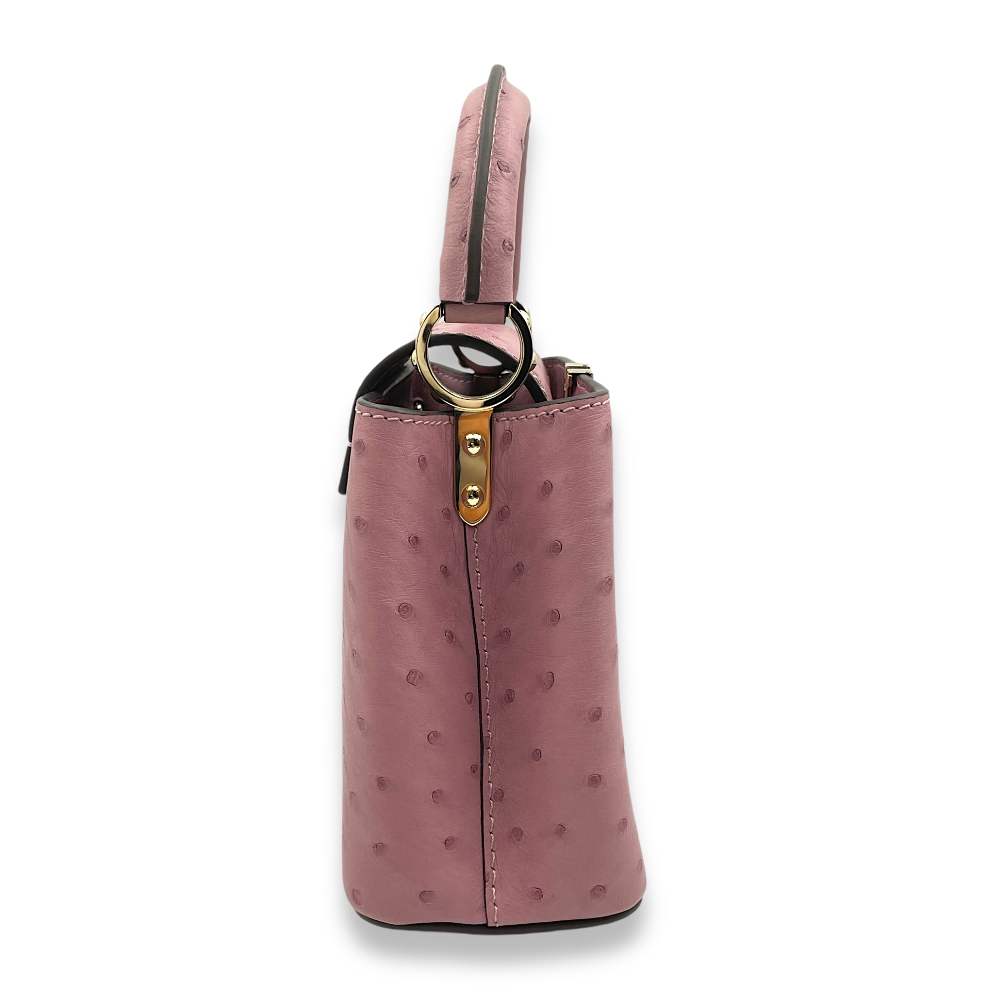 Capucines Mini Mauve Top Handle Bag in Ostrich, Gold hardware