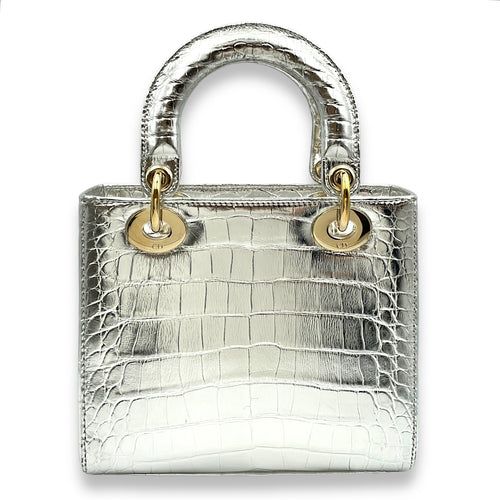 Lady Dior Small Silver Top Handle Bag in Crocodile Leather, Gold hardware