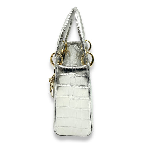 Lady Dior Small Silver Top Handle Bag in Crocodile Leather, Gold hardware