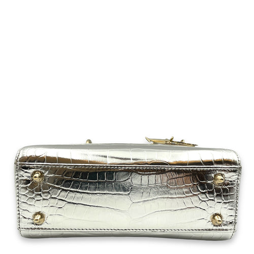 Lady Dior Small Silver Top Handle Bag in Crocodile Leather, Gold hardware