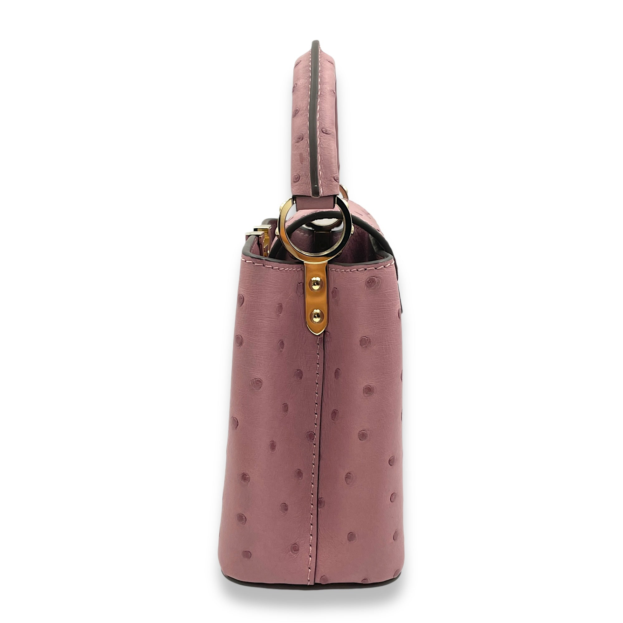 Capucines Mini Mauve Top Handle Bag in Ostrich, Gold hardware