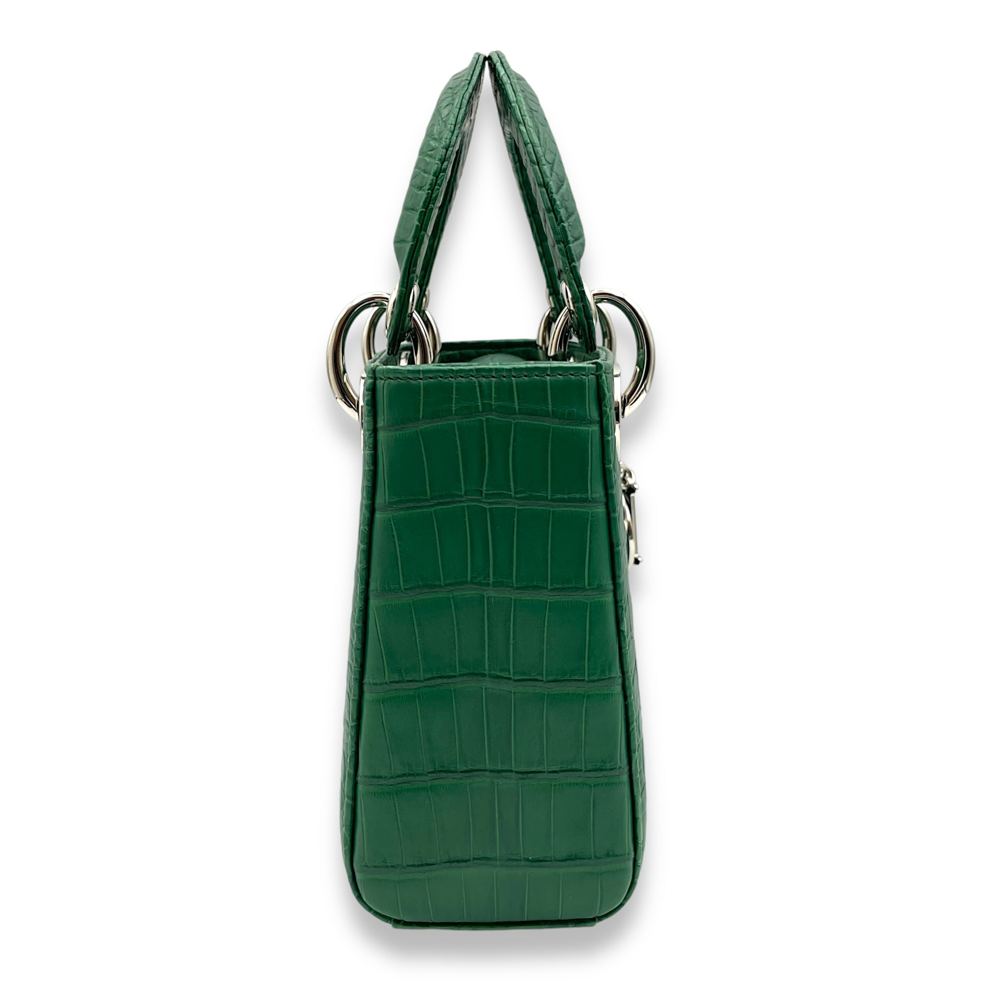 Lady Dior Mini Green Top Handle Bag in Crocodile Leather, Palladium hardware