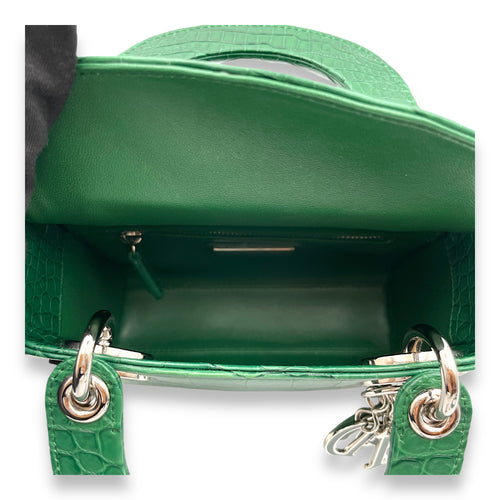 Lady Dior Mini Green Top Handle Bag in Crocodile Leather, Palladium hardware