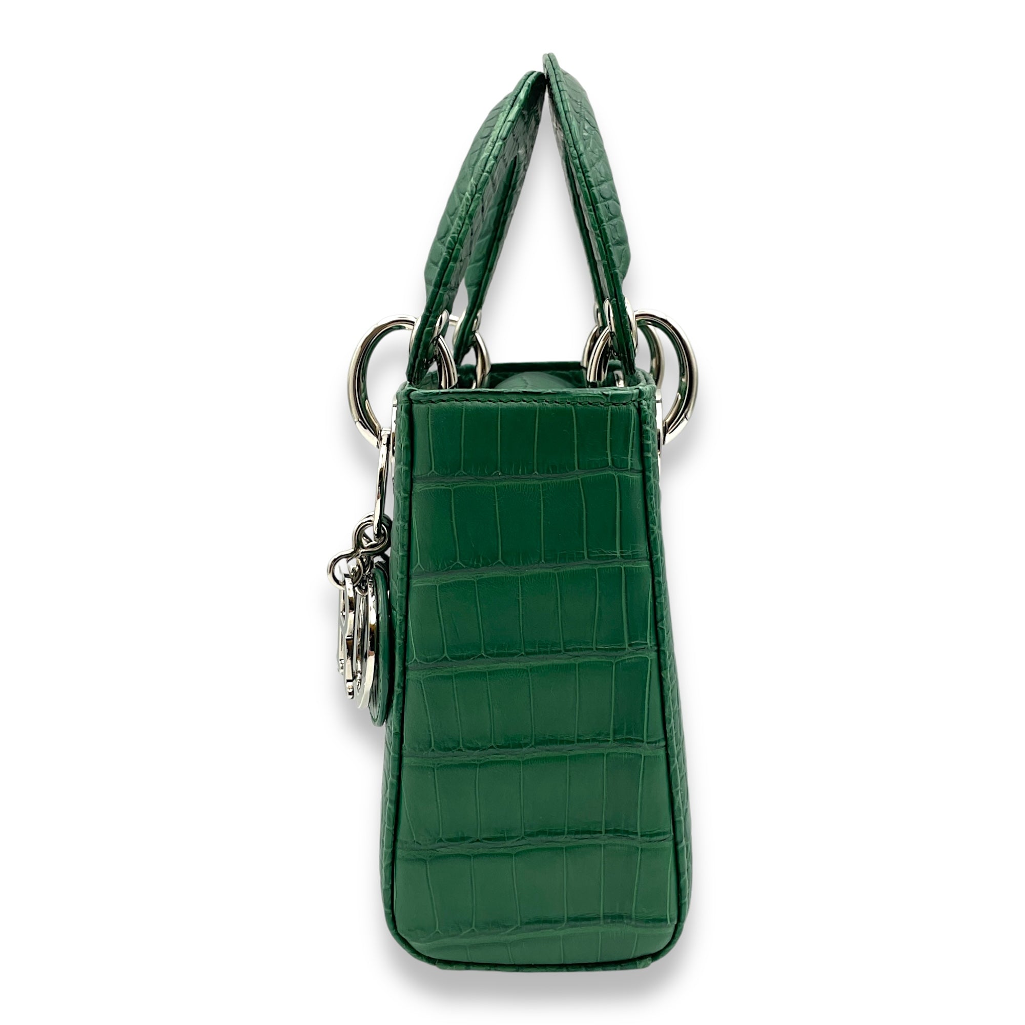 Lady Dior Mini Green Top Handle Bag in Crocodile Leather, Palladium hardware