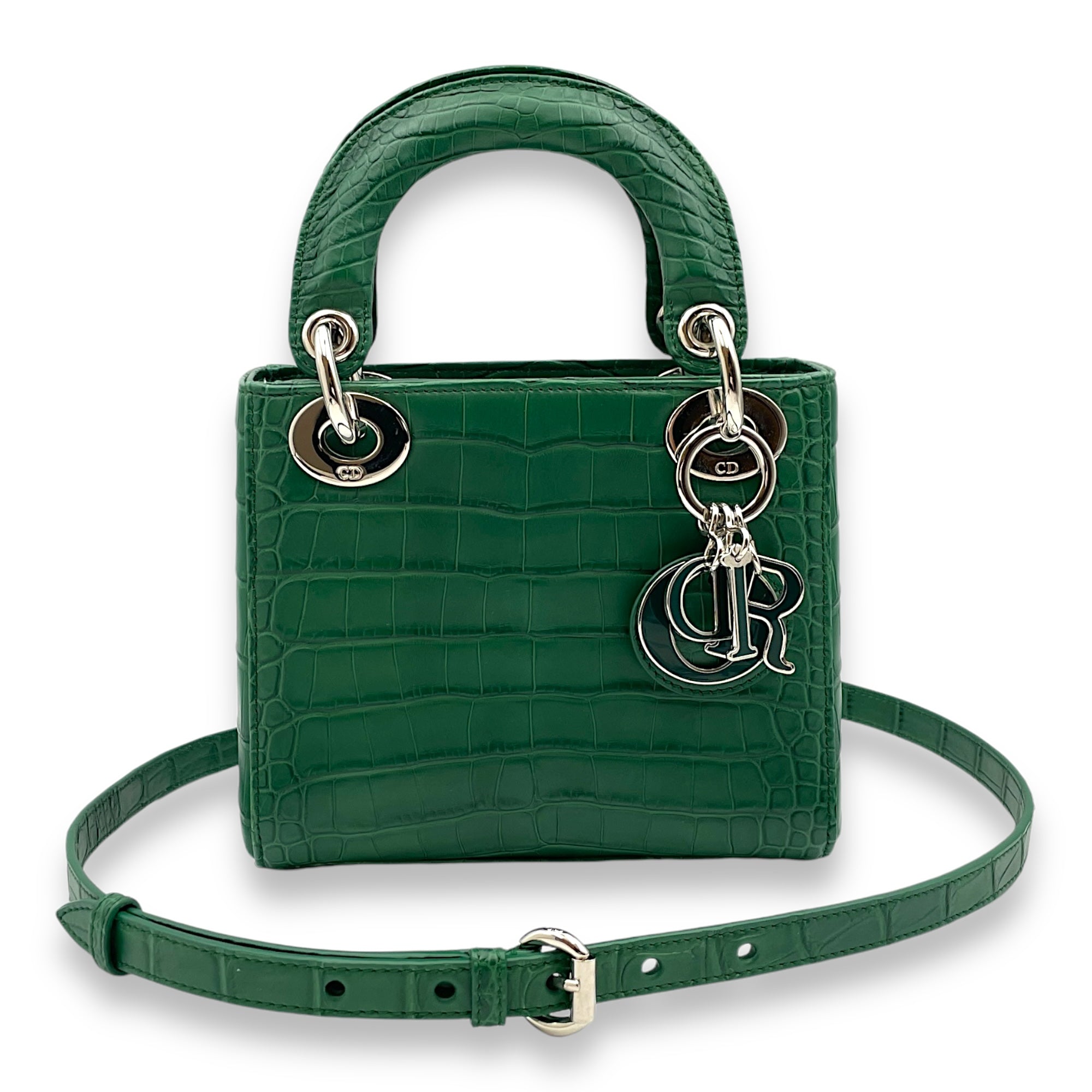 Lady Dior Mini Green Top Handle Bag in Crocodile Leather, Palladium hardware