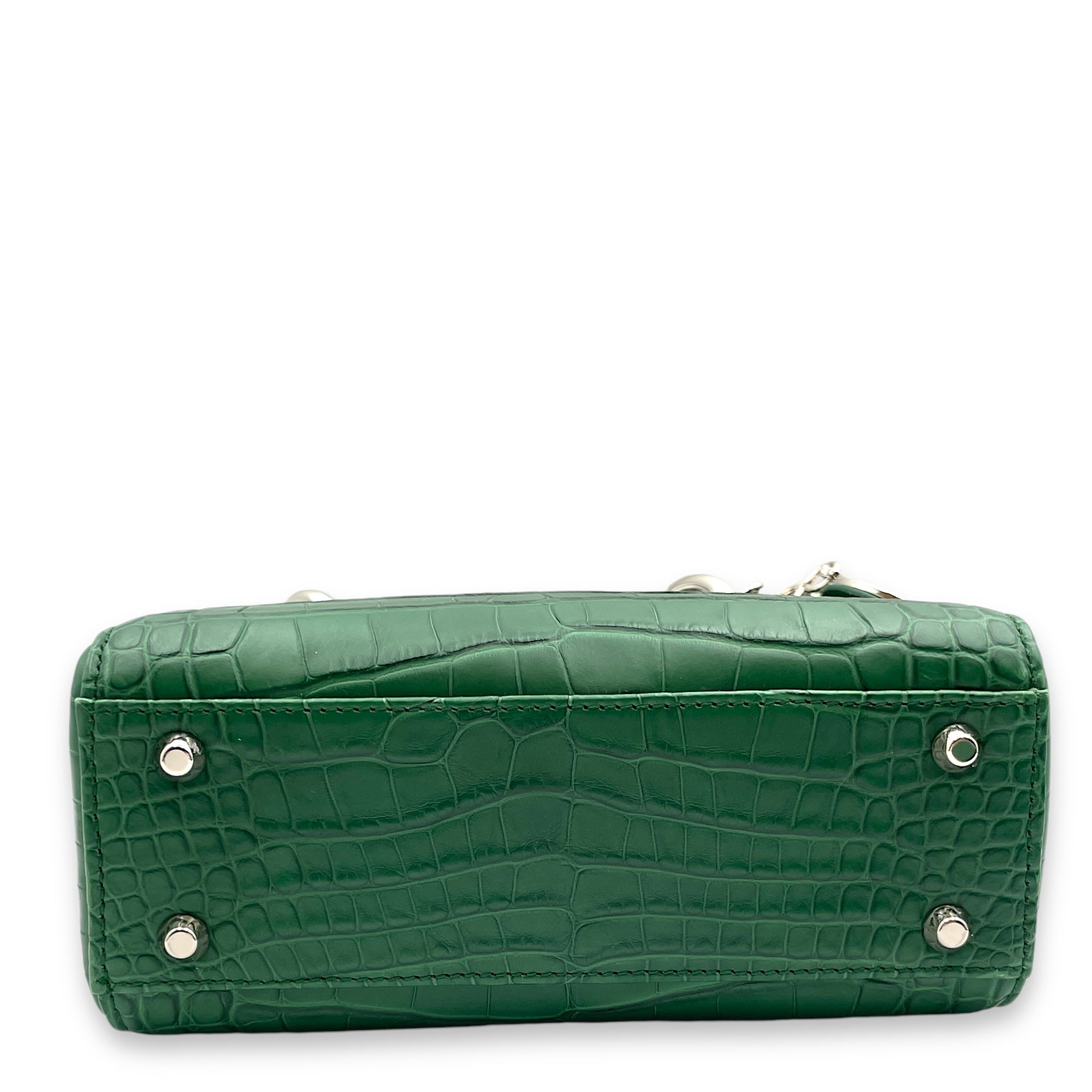 Lady Dior Mini Green Top Handle Bag in Crocodile Leather, Palladium hardware