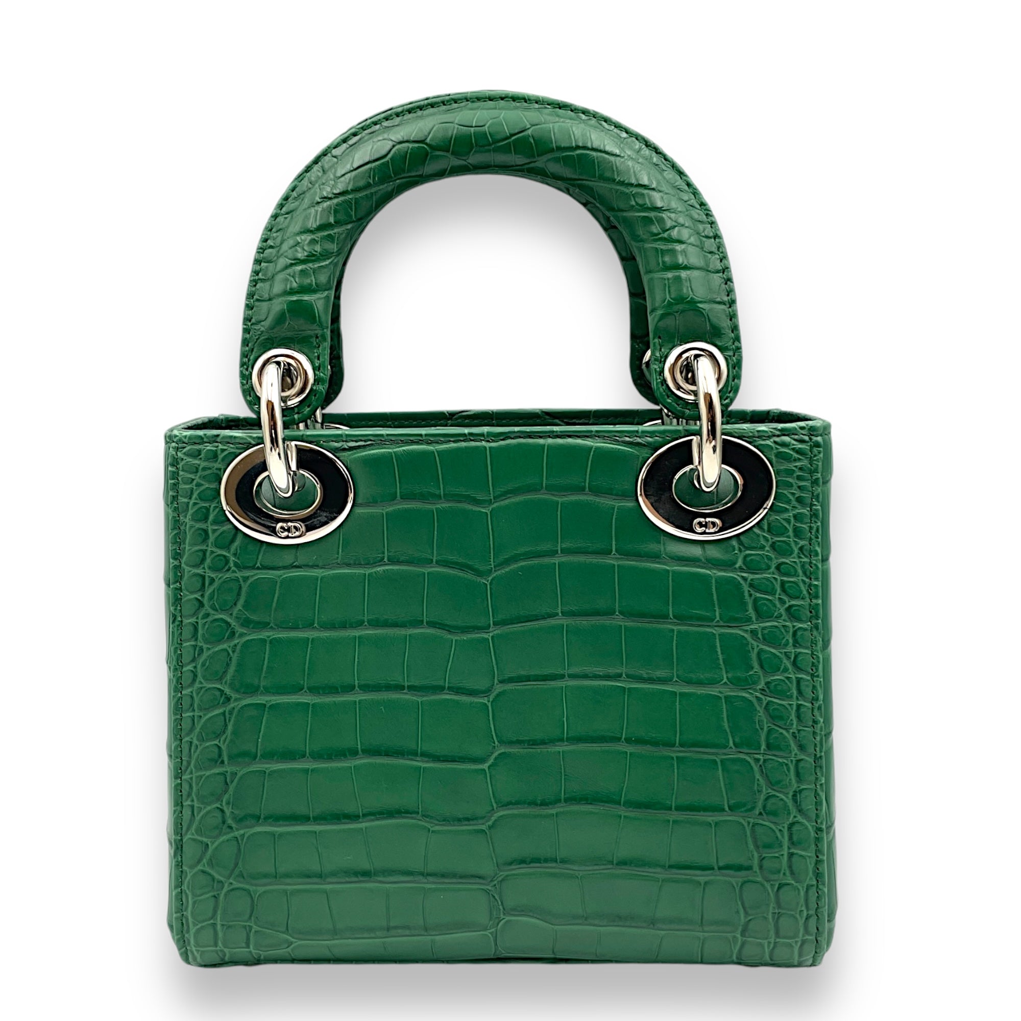 Lady Dior Mini Green Top Handle Bag in Crocodile Leather, Palladium hardware