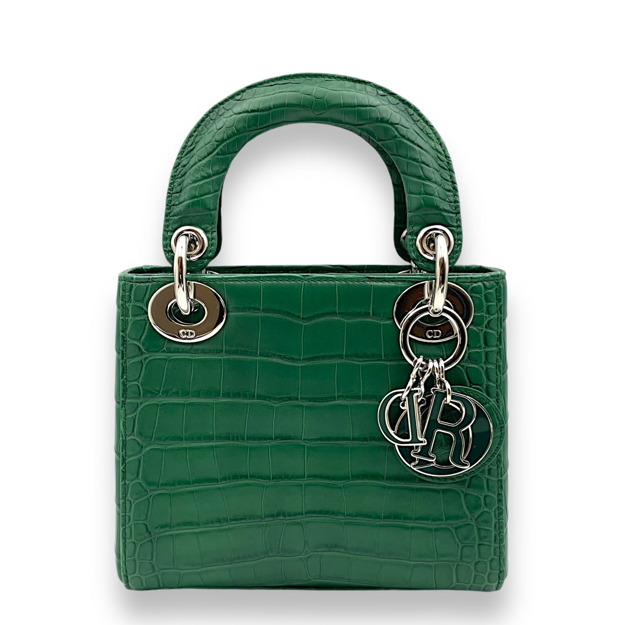 Lady Dior Mini Green Top Handle Bag in Crocodile Leather, Palladium hardware