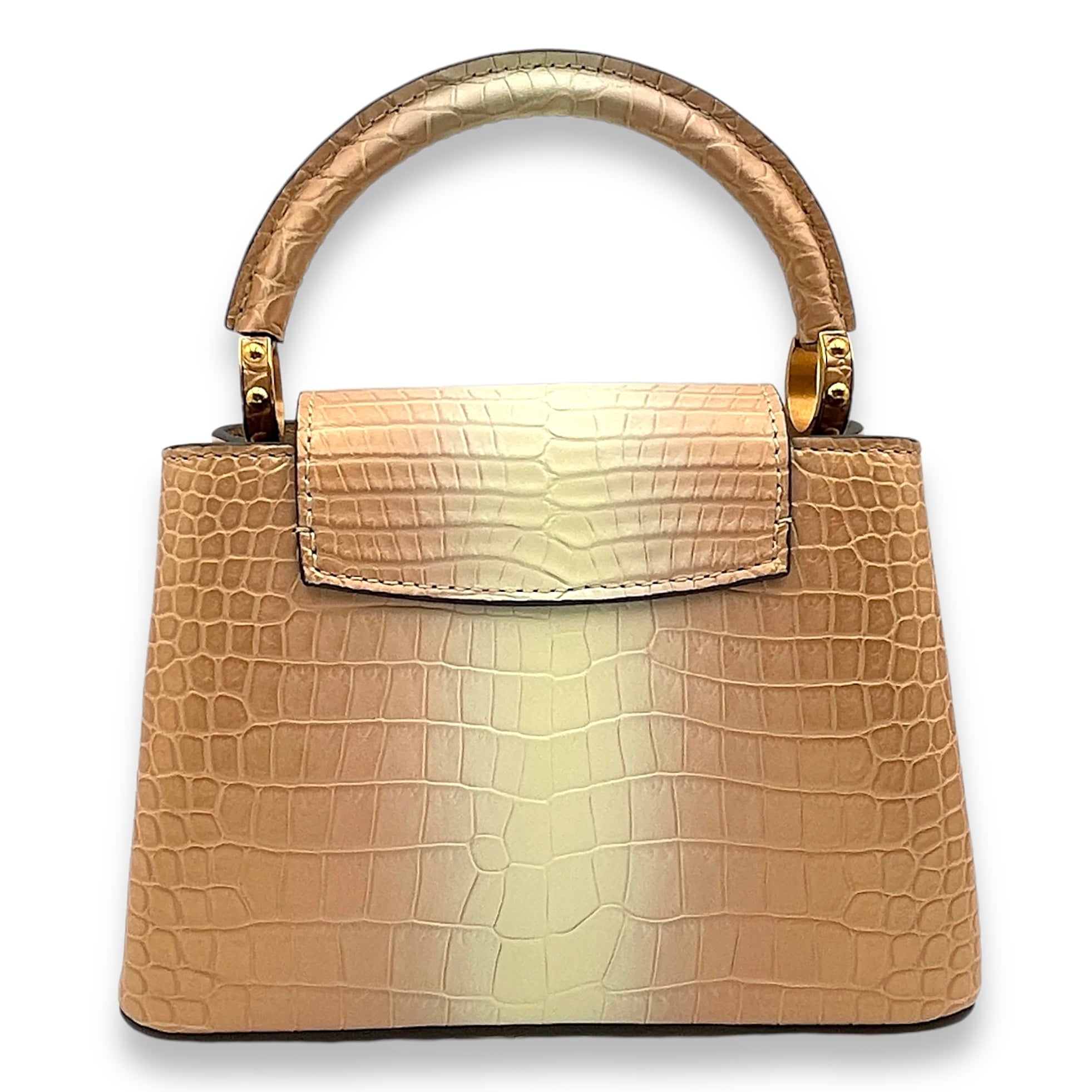 Capucines Mini Rosegold Top Handle Bag in Porosus crocodile, Gold hardware