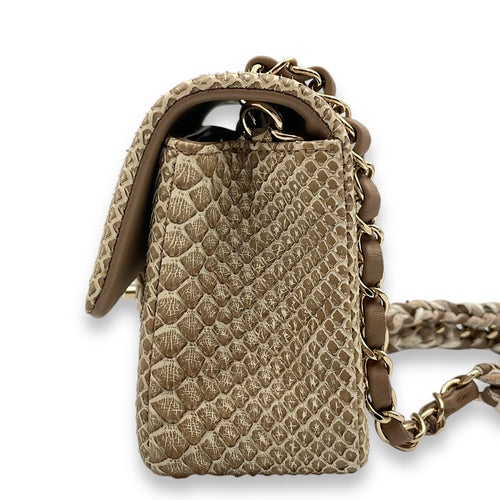 Seasonal Flap Mini Brown Crossbody Bag in Python/lambskin, Gold hardware