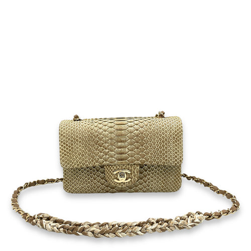 Seasonal Flap Mini Brown Crossbody Bag in Python/lambskin, Gold hardware