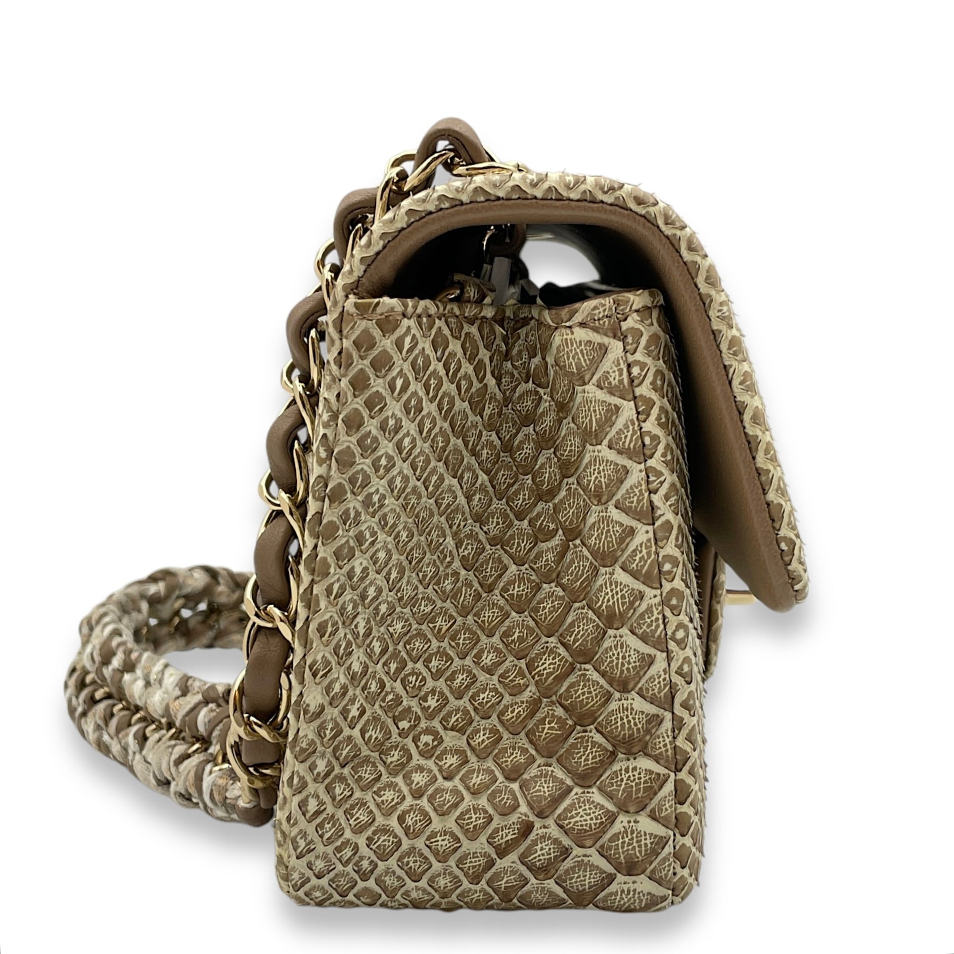 Seasonal Flap Mini Brown Crossbody Bag in Python/lambskin, Gold hardware