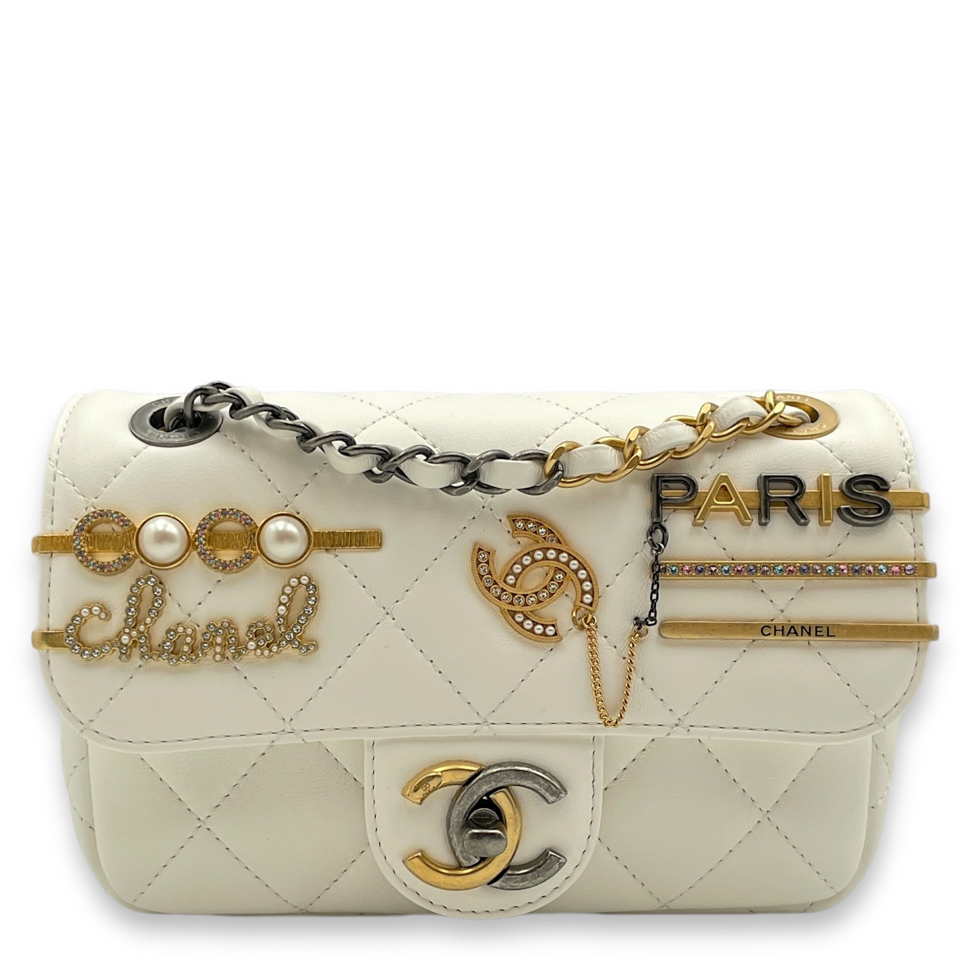 Quilted Coco Clip Mini White Crossbody Bag in Lambskin, Gold hardware