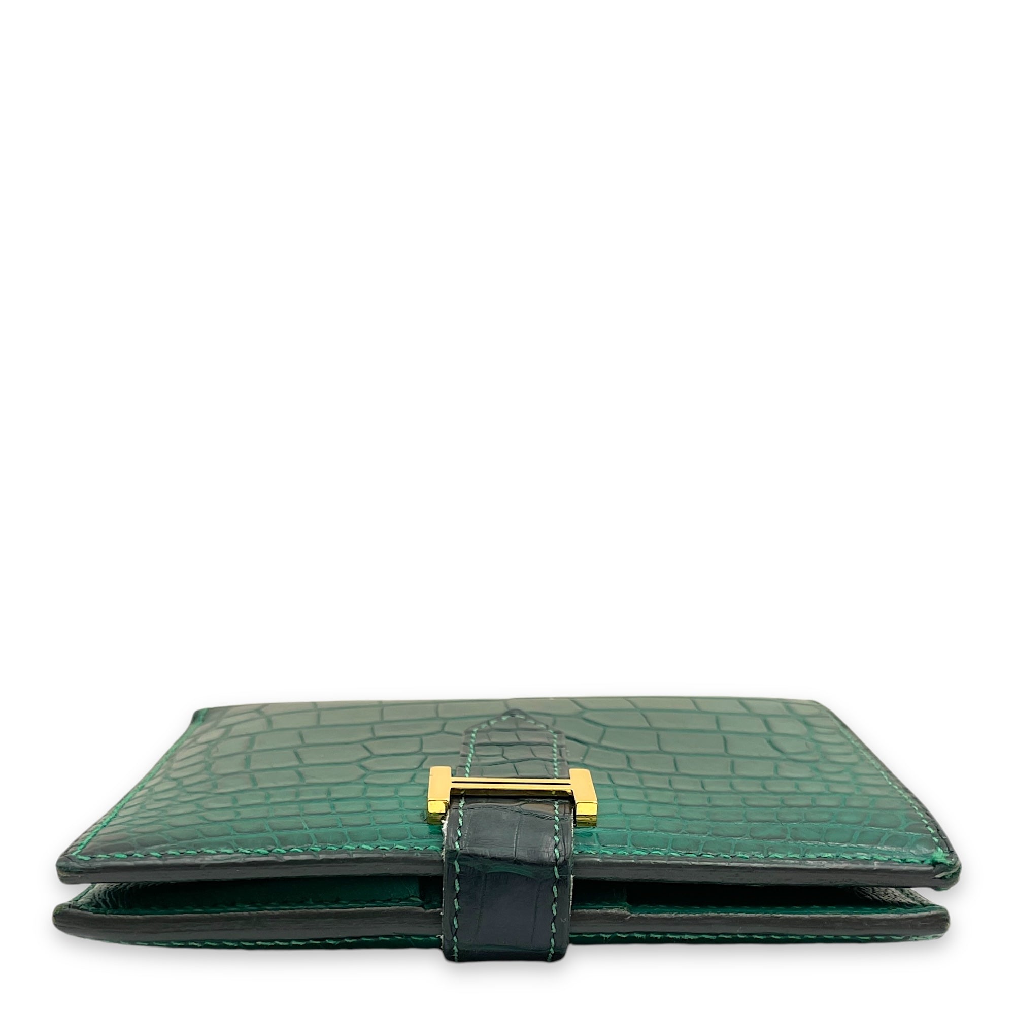 Bearn Compact Malachite Wallet in Matte Alligator, Gold hardware