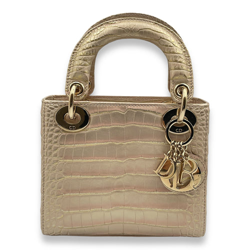 Lady Dior Flap Mini Iridescent Pink Crossbody Bag in Alligator, Gold hardware