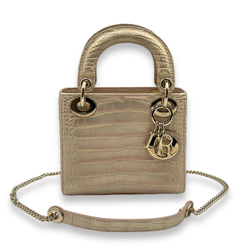 Lady Dior Flap Mini Iridescent Pink Crossbody Bag in Alligator, Gold hardware