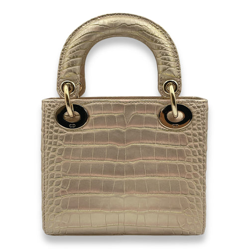 Lady Dior Flap Mini Iridescent Pink Crossbody Bag in Alligator, Gold hardware