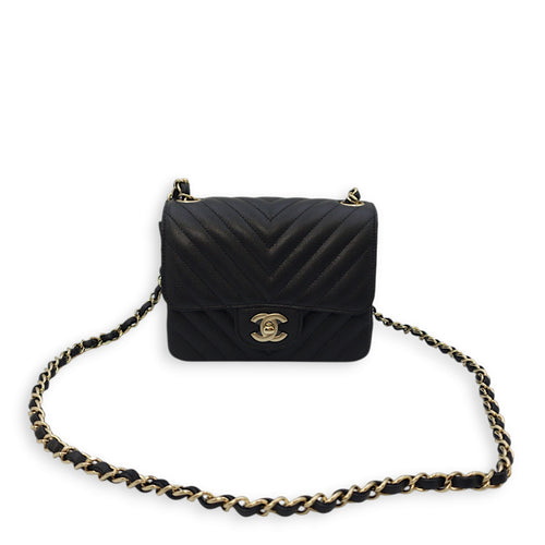 Chevron Square Mini Black Crossbody Bag in Caviar Leather, Gold hardware