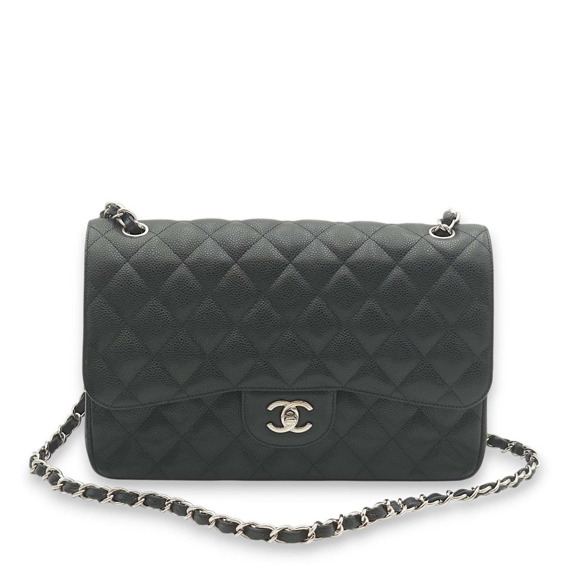 Classic Double Flap Jumbo Black Shoulder Bag in Caviar Leather, Palladium hardware