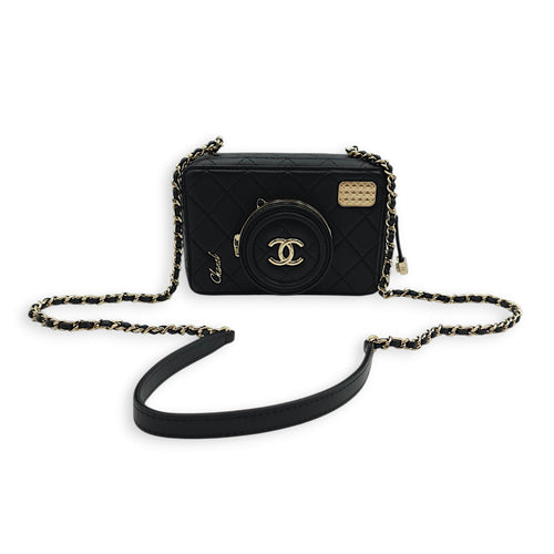 Camera Black Crossbody Bag in Lambskin, Gold hardware