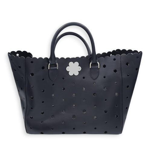 Lasercut Flower Black Tote Bag in Calfskin, Gold hardware