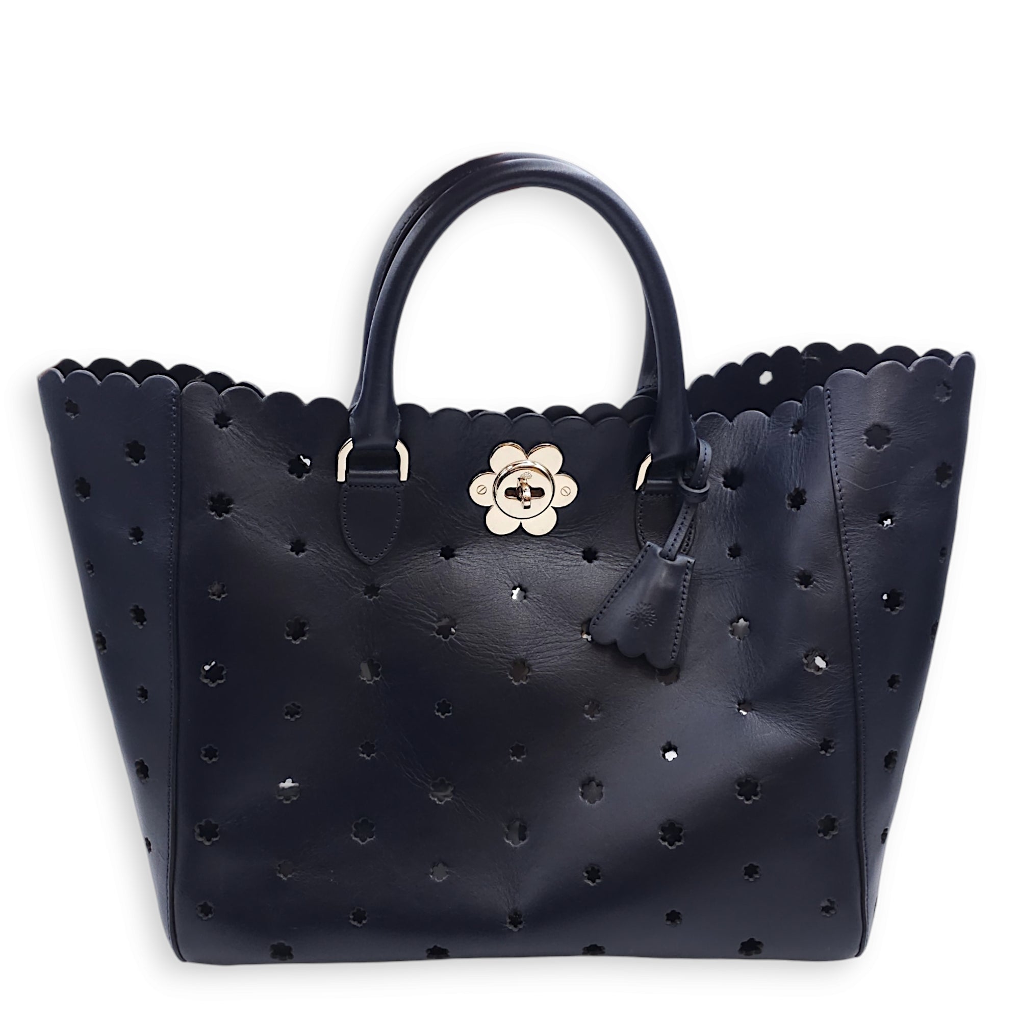 Lasercut Flower Black Tote Bag in Calfskin, Gold hardware