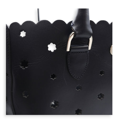 Lasercut Flower Black Tote Bag in Calfskin, Gold hardware