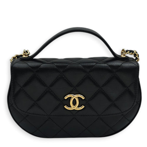 Quilted Half-moon Black Crossbody Bag in Lambskin, Gold hardware