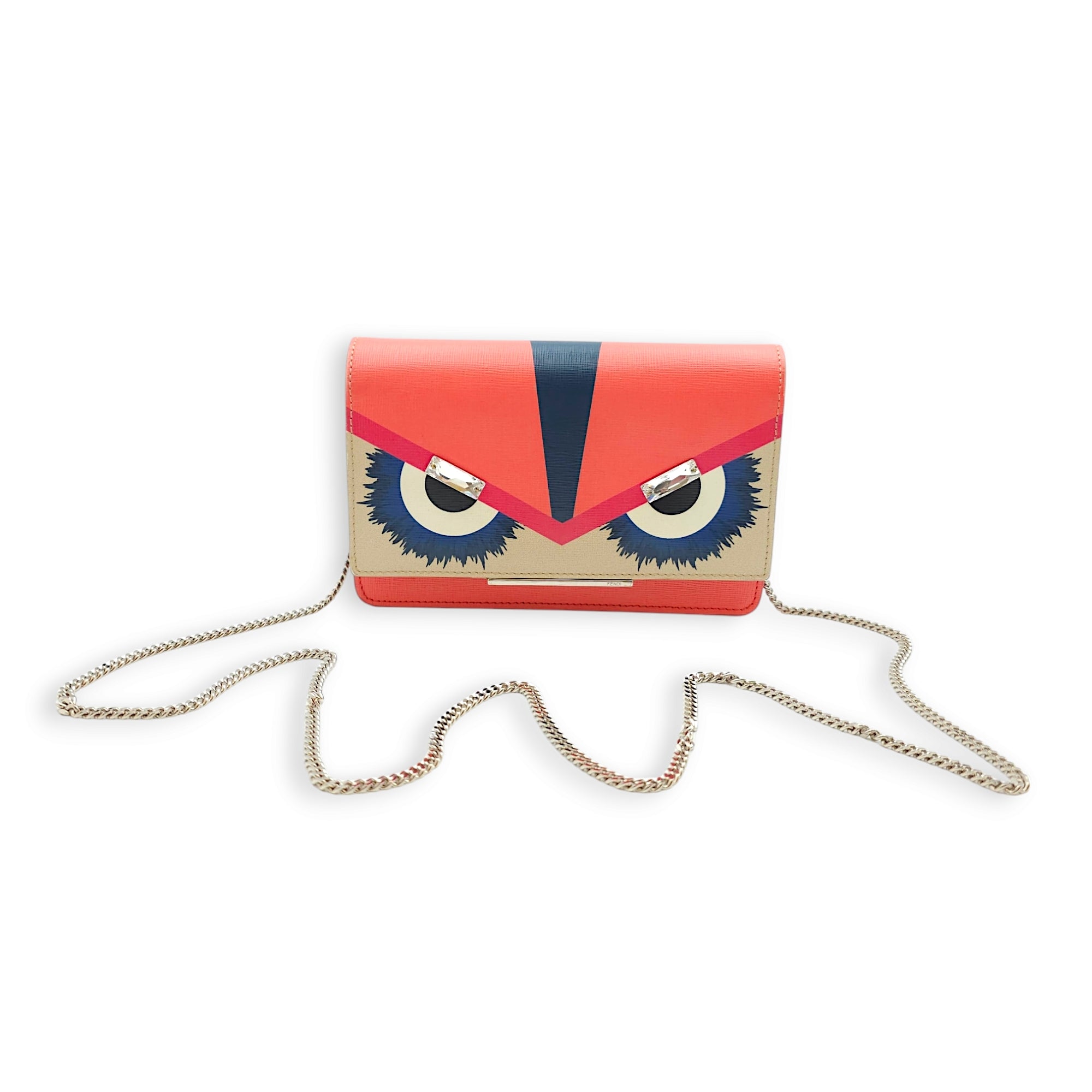 Vitello Elite Eye Monster WOC 19x12x4cm Coral, Blue, Black, Beige, White Wallet On Chain in Calf, Crystals, Silver hardware