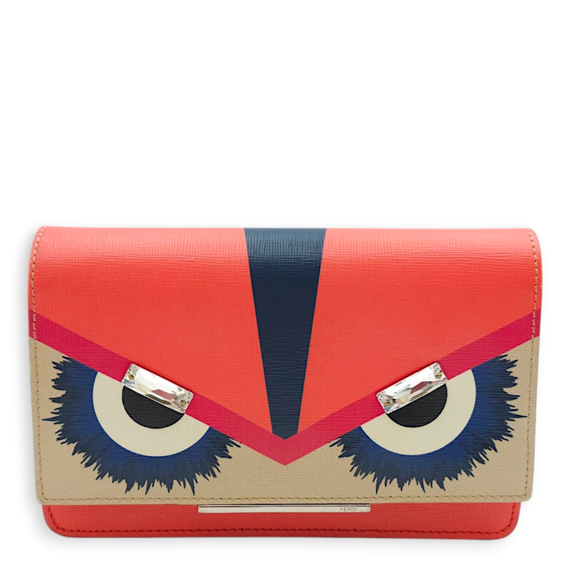 Vitello Elite Eye Monster WOC 19x12x4cm Coral, Blue, Black, Beige, White Wallet On Chain in Calf, Crystals, Silver hardware