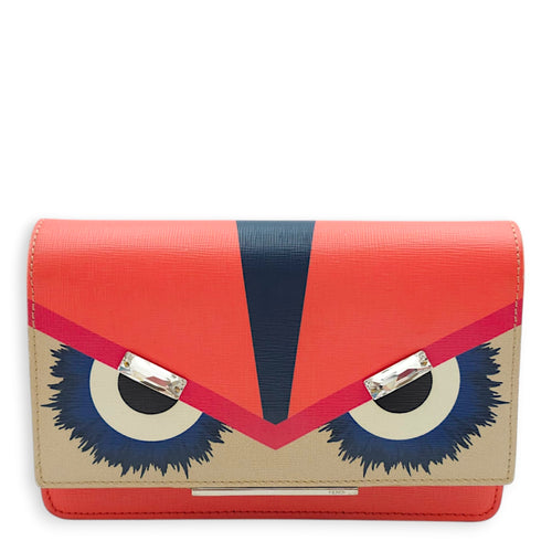 Vitello Elite Eye Monster WOC 19x12x4cm Coral, Blue, Black, Beige, White Wallet On Chain in Calf, Crystals, Silver hardware