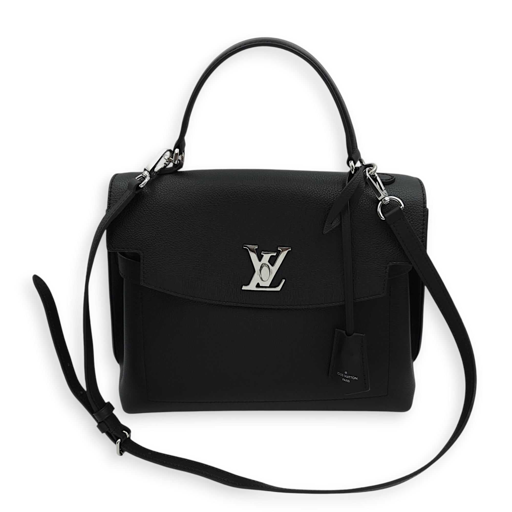 Lockme Ever Medium Black Crossbody Bag in Calfskin, Silver hardware