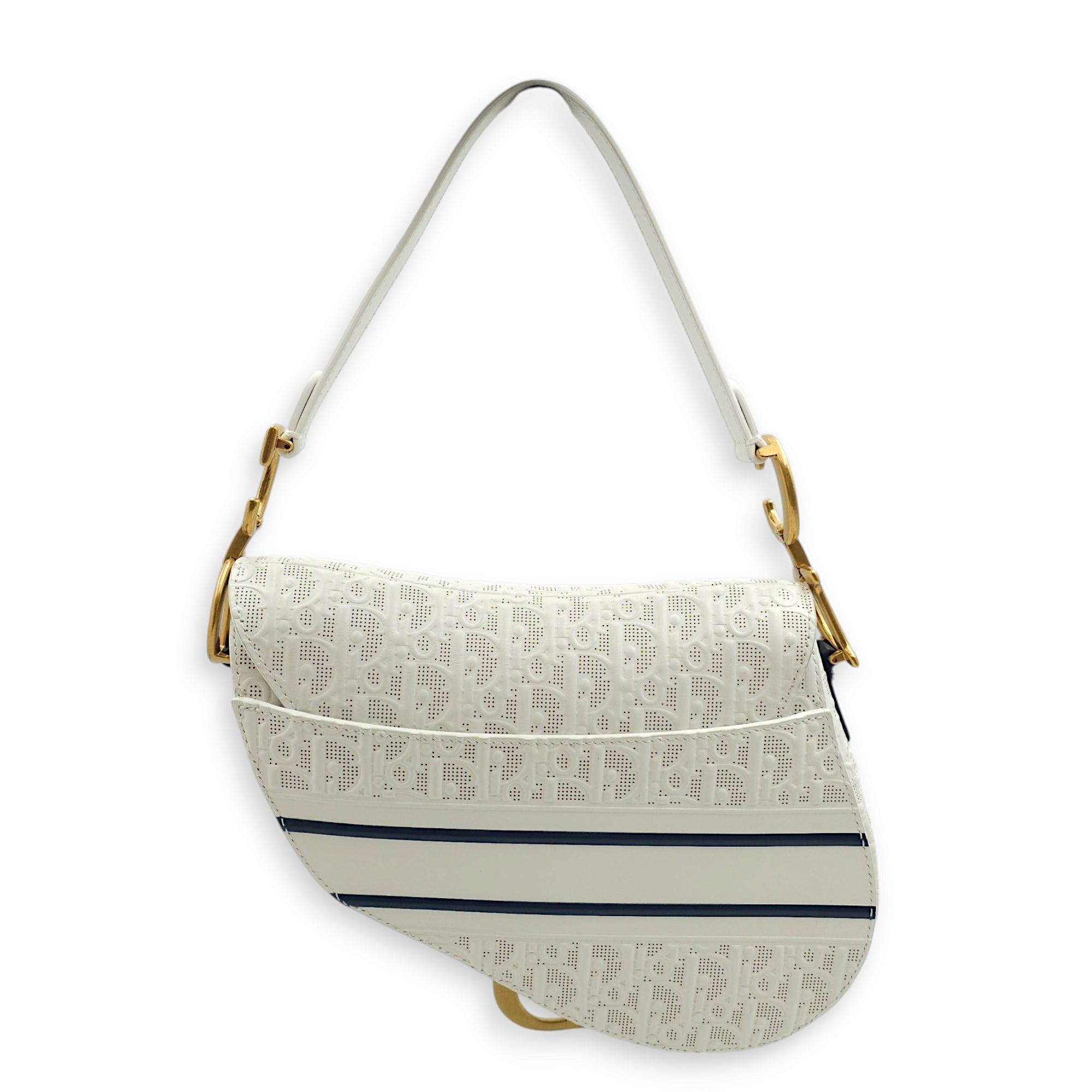 Medium Saddle with Strap Medium White, Dark Blue Crossbody Bag in Oblique Perforated Embossed Calf, Gold hardware