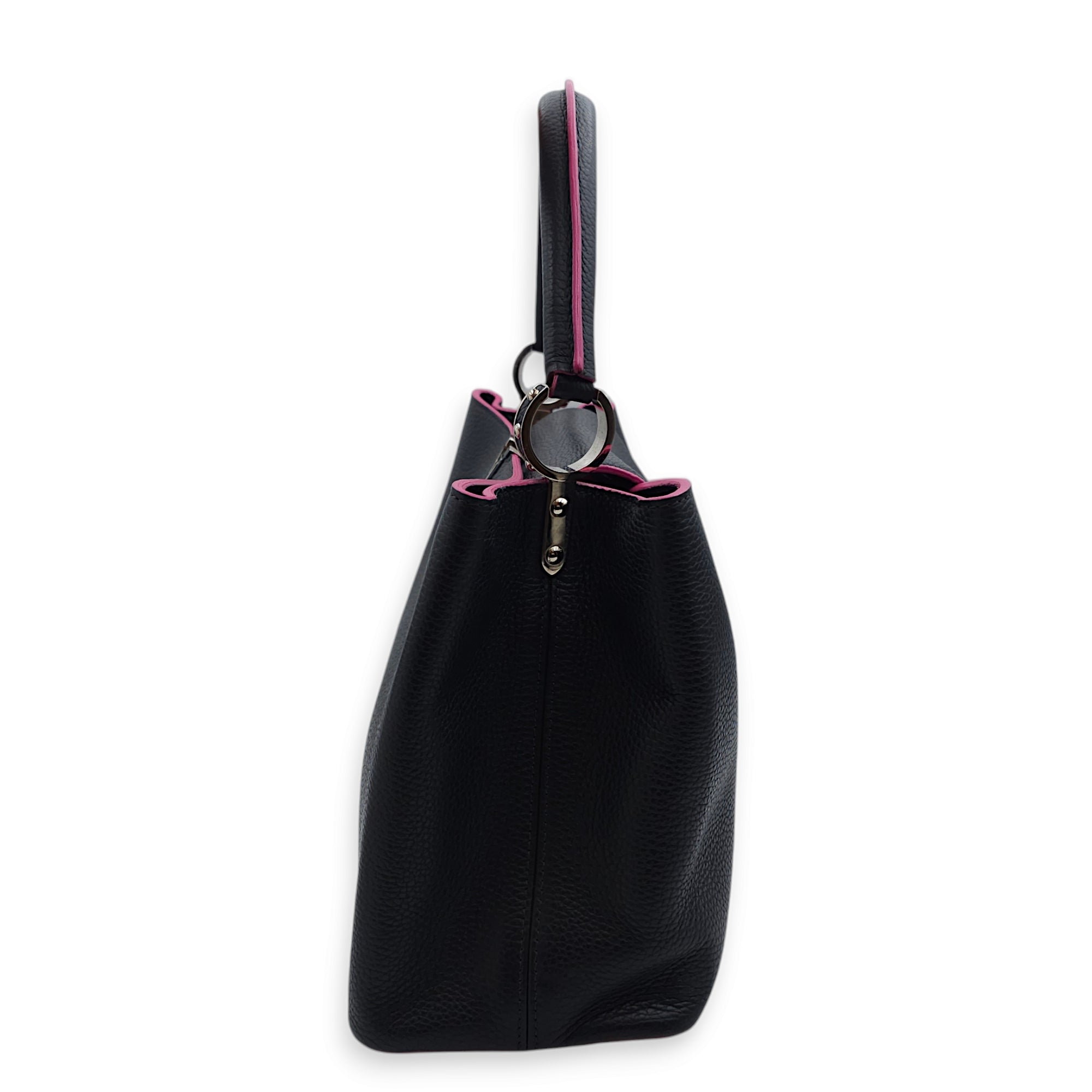 Capucines MM Black/Fuschia Interiror Top Handle Bag in Calfskin, Palladium hardware